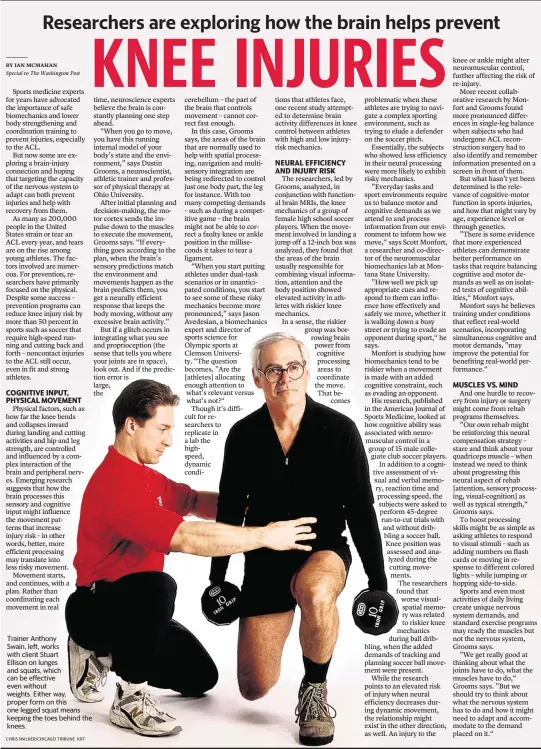  ?? CHRIS WALKER/CHICAGO TRIBUNE KRT ?? Trainer Anthony
Swain, left, works with client Stuart
Ellison on lunges and squats, which can be effective even without weights. Either way, proper form on this one legged squat means keeping the toes behind the knees.