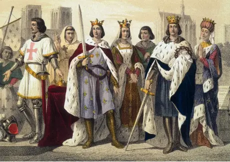  ?? ?? Les Capétiens (période de 1180-1226) : Philippe II Auguste, Louis VIII le lion, Blanche de Castille, Louis IX, Marguerite de Provence, Foulques de Neuilly, estampe de M. Fossey issue de l'ouvrage
La Monarchie française, de Élisabeth Muller.