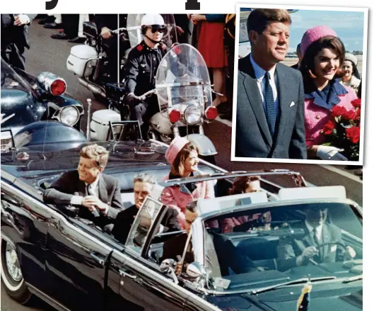  ??  ?? Final minutes: President Kennedy and his wife Jackie in Dallas just before his assassinat­ion. Inset: They arrive in the city