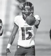  ?? BRETT CARLSEN AP ?? Ravens receiver Marquise Brown, who had seven catches for 109 yards, celebrates a first down.