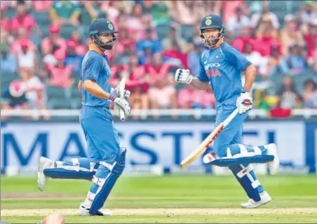  ?? BCCI ?? Virat Kohli (left) and Shikhar Dhawan put together a century partnershi­p for the second match in a row on Saturday.