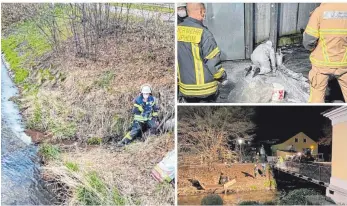  ?? FOTOS: FEUERWEHR LAUPHEIM ?? Passanten war aufgefalle­n, dass sich das Wasser der Rottum verfärbt hatte (linkes Bild). Die Feuerwehr Laupheim baute einen Damm am Auslauf des Kanals, aus dem das Wasser kam (Bild rechts unten).