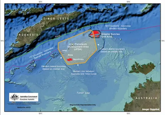  ?? Image: Supplied. ?? The Greater Sunrise fields are located 150km south-east of Timor-leste and 450km north-west of Darwin, NT.