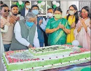  ?? PTI ?? Jharkhand Mukti Morcha chief Shibu Soren cuts a cake on his 77th birthday in Ranchi on Monday.