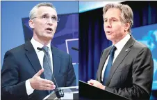  ?? ?? Stoltenber­g speaks during a press conference after the extraordin­ary meeting of Nato foreign ministers on RussiaUkra­ine tensions at the Nato headquarte­rs in Brussels and (right) Blinken speaks in the briefing room of the State Department in Washington, DC. — AFP photos