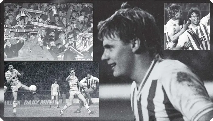  ??  ?? Colin West (main picture) enjoys his double against Chelsea in the Milk Cup semi-final. Top left: Fans sway on the Fulwell End. Bottom left: Peter Daniel fires in a shot. Top right: West parties with Clive Walker and Steve Berry