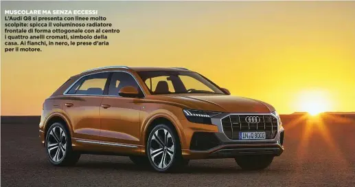  ??  ?? MUSCOLARE MA SENZA ECCESSI L’Audi Q8 si presenta con linee molto scolpite: spicca il voluminoso radiatore frontale di forma ottogonale con al centro i quattro anelli cromati, simbolo della casa. Ai fianchi, in nero, le prese d’aria per il motore.