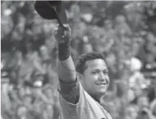  ?? ORLIN WAGNER/THE ASSOCIATED PRESS ?? Triple Crown winner Miguel Cabrera salutes the Kansas City crowd after being removed in the fourth inning of Detroit’s 1-0 win over the Royals.