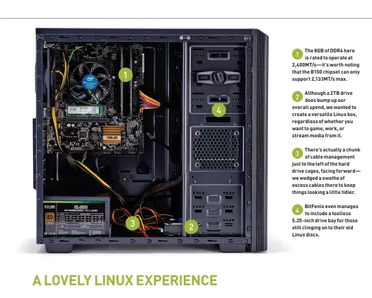  ??  ?? 1 The 8GB of DDR4 here is rated to operate at 2,400MT/s—it’s worth noting that the B150 chipset can only support 2,133MT/s max.
2 Although a 2TB drive does bump up our overall spend, we wanted to create a versatile Linux box, regardless of whether you...