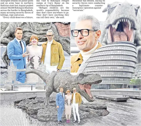  ??  ?? Cast members (left to right) Pratt, Howard, and Jeff Goldblum pose in front of a model dinosaur during a photocall to promote the forthcomin­g film ‘Jurassic World: Fallen Kingdom’ in London, Britain, on Thursday. — Reuters photos