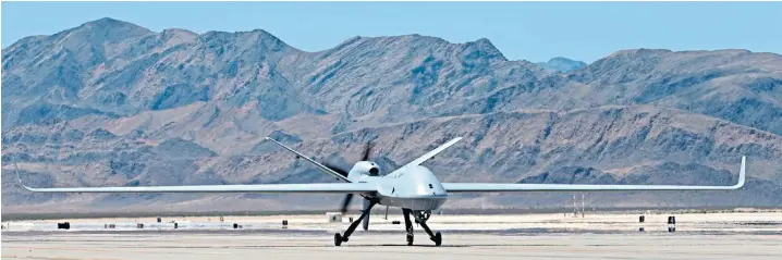  ??  ?? Britain is buying 16 Us-produced Protector drones, with a possible 10 to follow. The remotely controlled aircraft can fly for up to 40 hours and carry up to 18 Brimstone missiles capable of hitting moving targets such as armoured vehicles