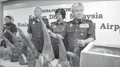 ??  ?? Customs officials display the seized rhino horns at a press conference. (Photo: traffic.org)