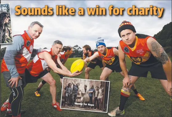  ?? Picture: MATT THOMPSON ?? FIELD OF DREAMS: Warming up ahead of this weekend’s Reclink Community Cup match are, from left, MP David O’Byrne, ABC presenter Ryk Goddard, Aeron Clark from Edge Radio, and Luca Brasi band members Danny Flood, Patrick Marshall and Tyler Richardson.