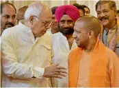  ?? — PTI ?? BJP leader Hriday Narayan Dixit with UP CM Yogi Aditiyanat­h at Vidhan Sabha on Wednesday before filing his nomination for the post of the Assembly Speaker. He is set to be elected unopposed.