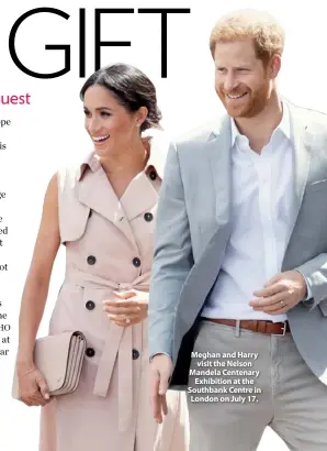  ??  ?? Meghan and Harry visit the Nelson Mandela Centenary Exhibition at the Southbank Centre in London on July 17.