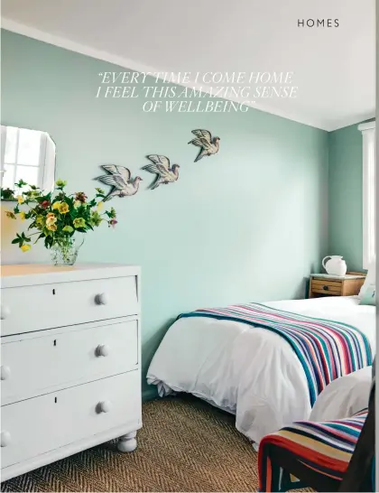  ??  ?? THIS PAGE In the guest bedroom, the trio of hand-painted, cardboard birds adorning the wall originally came from a French toy.
OPPOSITE (clockwise from top) Shutters were installed throughout the house, including the rear living room tucked behind the...