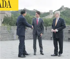  ?? ADRIAN WYLD / THE CANADIAN PRESS ?? Prime Minister Justin Trudeau and Guy Saint-Jacques, then-ambassador to China, right, meet with Luo Zhaohui, China’s ambassador to Canada, at the Great Wall last year.