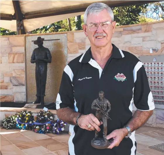  ??  ?? Doug Baird with the statue that will be presented to the man of the match in the Anzac Test, and (below) his late son Cameron. Main picture: STEVE HOLLAND