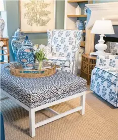  ?? ?? An ottoman can be a great source of texture in a room, such as this blue and white speckled design.