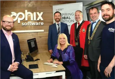  ??  ?? Minister for Jobs, Enterprise and Innovation, Mary Mitchell O’Connor TD with (from left) Senator Ged Nash, Graham O’Rourke, Co-Founder and CEO of Aphix Software, Mayor of Drogheda Cllr. Oliver Tully, President of Drogheda Chamber of Commerce Eddie...
