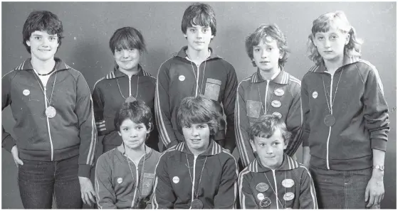  ??  ?? Swimming Club members in 1982, front row: Niamh O’Connor, Oonagh Colfer and John Ryan. Back row: Paula O’Connor, Ann Maire Bradley, Grainne O’Connor, Sinead Fitzgibbon, and Mag Mernagh. Photo: PJ Browne.