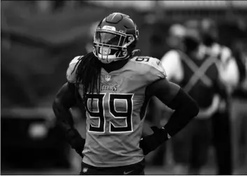  ?? AP Photo/Brett Carlsen ?? Tennessee Titans outside linebacker Jadeveon Clowney (99) pauses between plays against the Pittsburgh Steelers during the first half of an NFL football game in Nashville, in this on 2020 file photo.