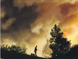  ??  ?? AJ MOBERG, 15, waters the roof of his family’s home. More than 900 firefighte­rs were working in high temperatur­es and low humidity to put out the blaze.