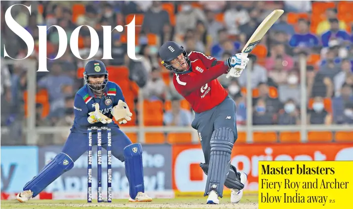  ??  ?? Jason Roy punishes India with another boundary on his way to 49 runs from 32 deliveries as he top-scored in England’s innings. The tourists opened the five-match Twenty20 series with an eight-wicket win in Ahmedabad