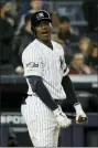  ?? MATT SLOCUM - THE ASSOCIATED PRESS ?? New York Yankees’ Didi Gregorius reacts after striking out against the Houston Astros during the seventh inning in Game 5 of baseball’s American League Championsh­ip Series Friday, Oct. 18, 2019, in New York.