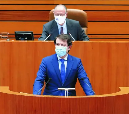  ?? CYL ?? El presidente Fernández Mañueco durante su comparecen­cia en las Cortes para dar cuenta de la gestión de la pandemia