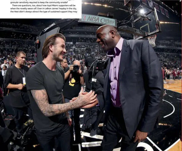  ??  ?? Below Becks meets Magic Johnson courtside, where he regularly rocked up in an attempt to woo locals