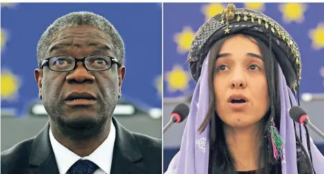  ?? FOTO: DPA ?? Denis Mukwege (63) und Nadia Murad (25) bei ihren jeweiligen Auftritten vor dem Europäisch­en Parlament.
