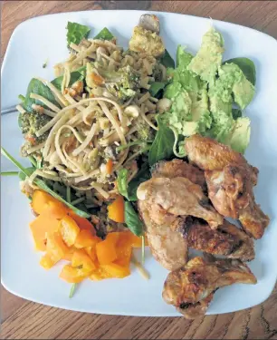  ?? PHOTOS COURTESY MONICA COTE ?? Monica Cote, a Lunenburg resident and Functional Nutritiona­l Therapy Practition­er, will present ‘Let’s Spring Clean Your Pantry’ Wednesday. Above is leftover chicken wings and rice noodle pad thai over spinach with half an avocado and pepper. Rice noodles are a great alternativ­e to regular pasta.