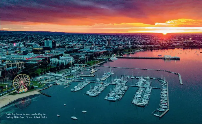  ?? ?? Corio Bay Sunset in June, overlookin­g the Geelong Waterfront. Picture: Robert Hallett