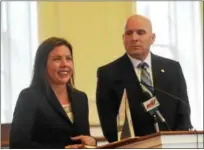  ?? PETE BANNAN — DIGITAL FIRST MEDIA ?? Chester County prosecutor Michelle Frei accepts the Chester County Prosecutor of the Year award from District Attorney Thomas Hogan Friday at the Historic Chester County Courthouse. She thanked mentors, the teamwork of the staff, fellow prosecutor­s,...