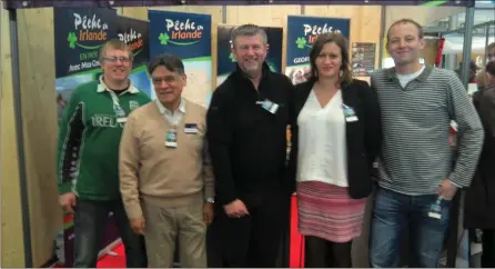  ??  ?? Max Couque, Galway Fishing; Rosendo Castellano­s, Tourism Ireland; David Byrne, Inland Fisheries Ireland; Emilie Dain and Geoffray Begard, both Ireland Fishing Trips Ltd, at the Ireland Salon Européen Des Pêches in Nantes.