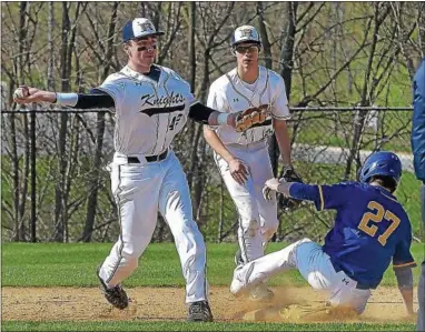  ?? PETE BANNAN — DIGITAL FIRST MEDIA ?? West Chester Rustin second baseman Jake Geisler turns the double play as Downingtow­n East’s Mike Defant slides into second base. Rustin came from five runs down to win 11-10 on a wlak off two run single by Nick Maiorano.