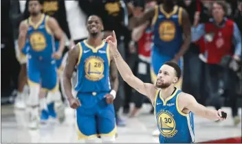  ?? (EPA-EFE) ?? Golden State Warriors guard Stephen Curry celebrates at the conclusion of the NBA Western Conference Playoff Finals game four against the Portland Trail Blazers at the Moda Center in Portland, Oregon on Monday. Golden State complete a series sweep to clinch another NBA Finals berth.