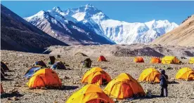  ?? ?? Tough start: Everest base camp with the Himalayas in view