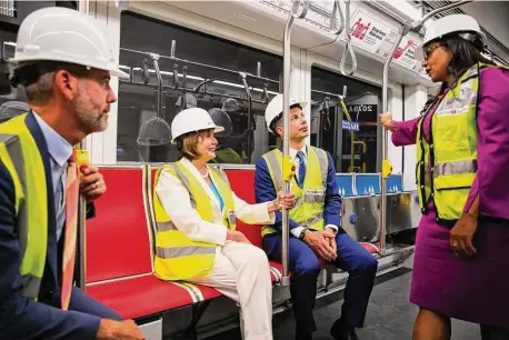  ?? Yalonda M. James/The Chronicle ?? Speaker Nancy Pelosi (center), aboard S.F.’s new Central Subway, helped the rest of the country learn from the state’s policies.