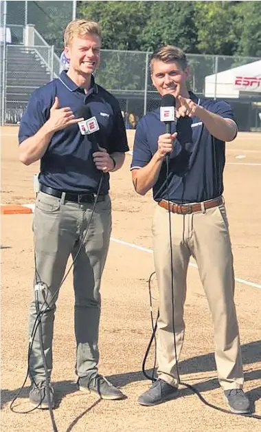  ?? PROVIDED PHOTO ?? Chris Vosters (left) and Mike Monaco have been two of the fill-ins for Pat Foley on Hawks broadcasts.