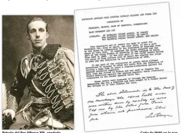  ??  ?? Retrato del Rey Alfonso XIII, apodado como «el Africano»
Carta de 1940 en la que Leo Elvyn confirma la procedenci­a de las joyas
