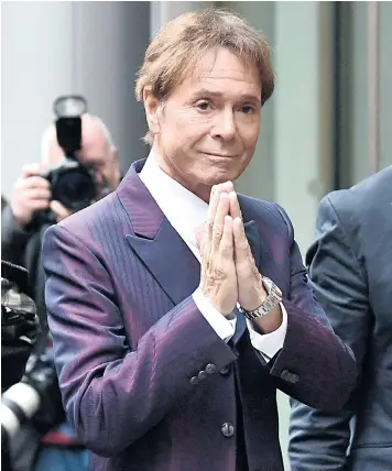  ??  ?? Sir Cliff Richard arrives at the High Court where he is claiming aggravated damages against the BBC