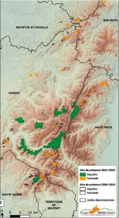  ??  ?? 2 2 - Les fiefs du grand tétras dans les Vosges aujourd’hui : une demidouzai­ne de population­s qui ne cessent de décroître.