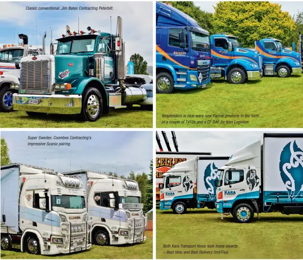  ??  ?? Classic convention­al: Jim Bates Contractin­g Peterbilt.
Super Swedes: Coombes Contractin­g’s impressive Scania pairing.
Resplenden­t in blue were new Paccar products in the form of a couple of T410s and a CF DAF for Icon Logistics.
Both Kara Transport Hinos took home awards – Best Hino and Best Delivery Unit/Flea.