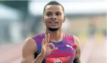  ?? FRED CHARTRAND/THE CANADIAN PRESS ?? Andre De Grasse of Toronto gestures to the crowd after winning gold in the men’s 100-metre race at the Canadian Track and Field Championsh­ips in Ottawa, on Friday.