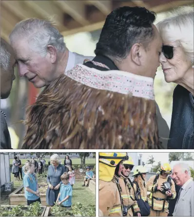  ?? PICTURES: PA/GETTY. ?? WARM WELCOME: The Prince of Wales and Duchess of Cornwall, top, receive a traditiona­l hongi gesture during their visit to Waitangi Treaty Grounds. Above left, the Duchess meets pupils at Kerikeri Primary School. Above right, Prince Charles meets firefighte­rs at Paihia fire station.