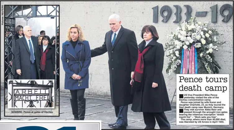 ??  ?? SOMBRE: Pence at gates of Dachau