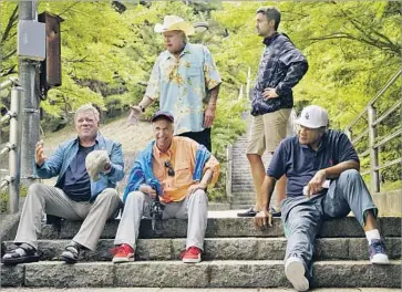  ?? Paul Drinkwater NBC ?? WILLIAM Shatner, left, Henry Winkler, Terry Bradshaw, Jeff Dye and George Foreman take a break during their travels on NBC's new reality comedy show featuring gray-beard humor, “Better Late Than Never.”