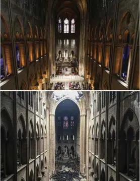  ?? AFP ?? Dos momentos del interior de la catedral. Arriba, vista del 26 de junio del 2018; abajo, luego del siniestro.